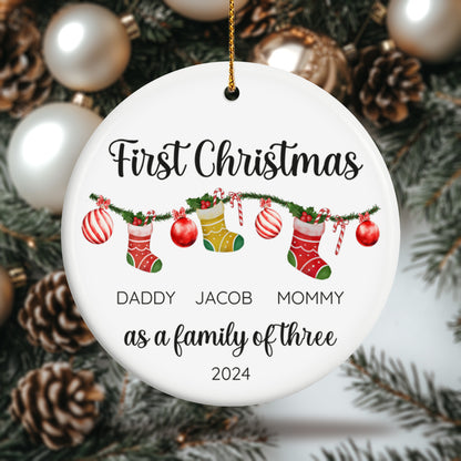 First Christmas as a Family of Three, Christmas Socks 4 - Personalized Ceramic Circle Ornament