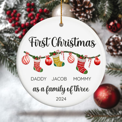 First Christmas as a Family of Three, Christmas Socks 4 - Personalized Ceramic Circle Ornament