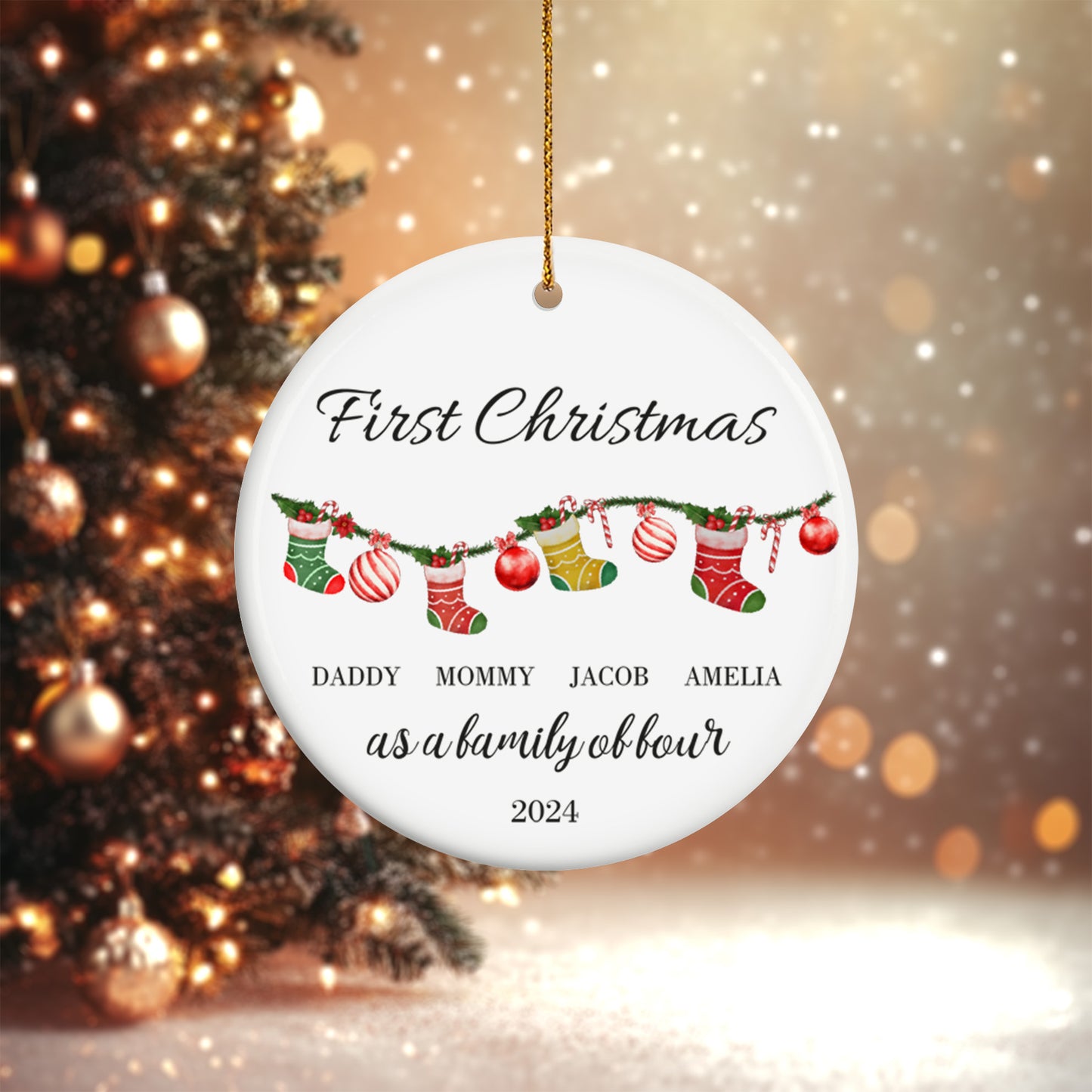 First Christmas as a Family of Four, Christmas Socks 3 - Personalized Ceramic Circle Ornament