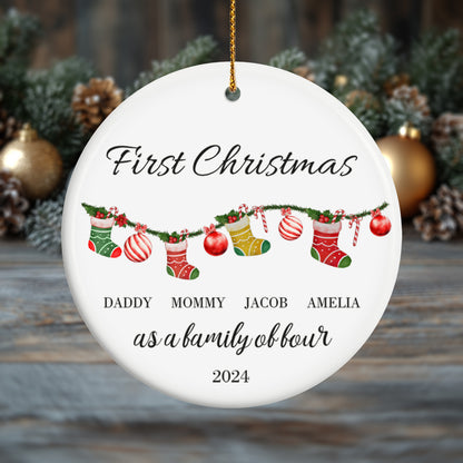 First Christmas as a Family of Four, Christmas Socks 3 - Personalized Ceramic Circle Ornament