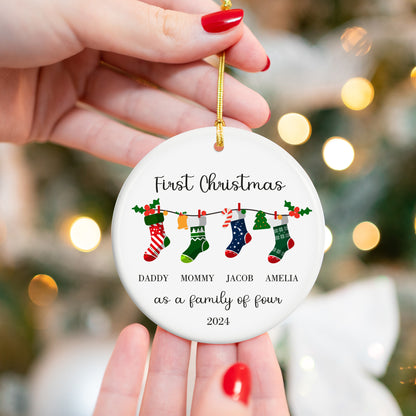 First Christmas as a Family of Four, Christmas Socks 1 - Personalized Ceramic Circle Ornament