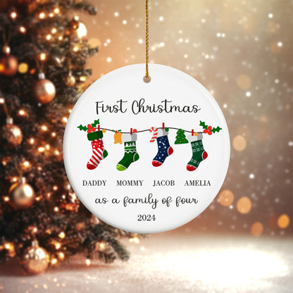 First Christmas as a Family of Four, Christmas Socks 1 - Personalized Ceramic Circle Ornament