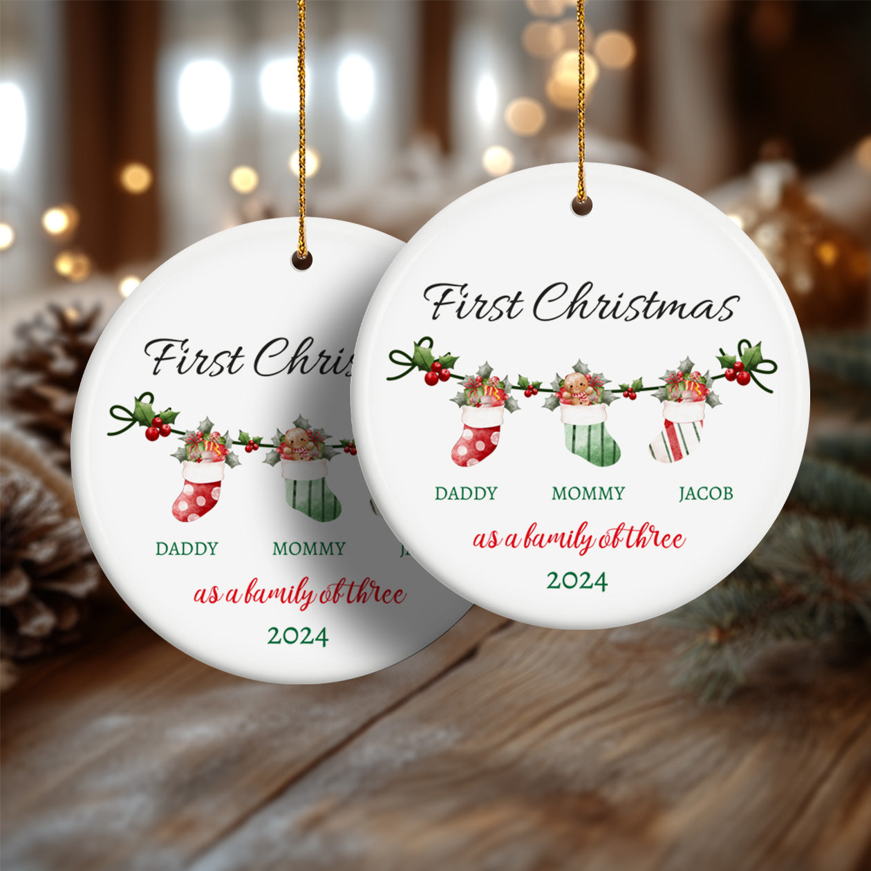 First Christmas as a Family of Three, Christmas Socks 2 - Personalized Ceramic Circle Ornament