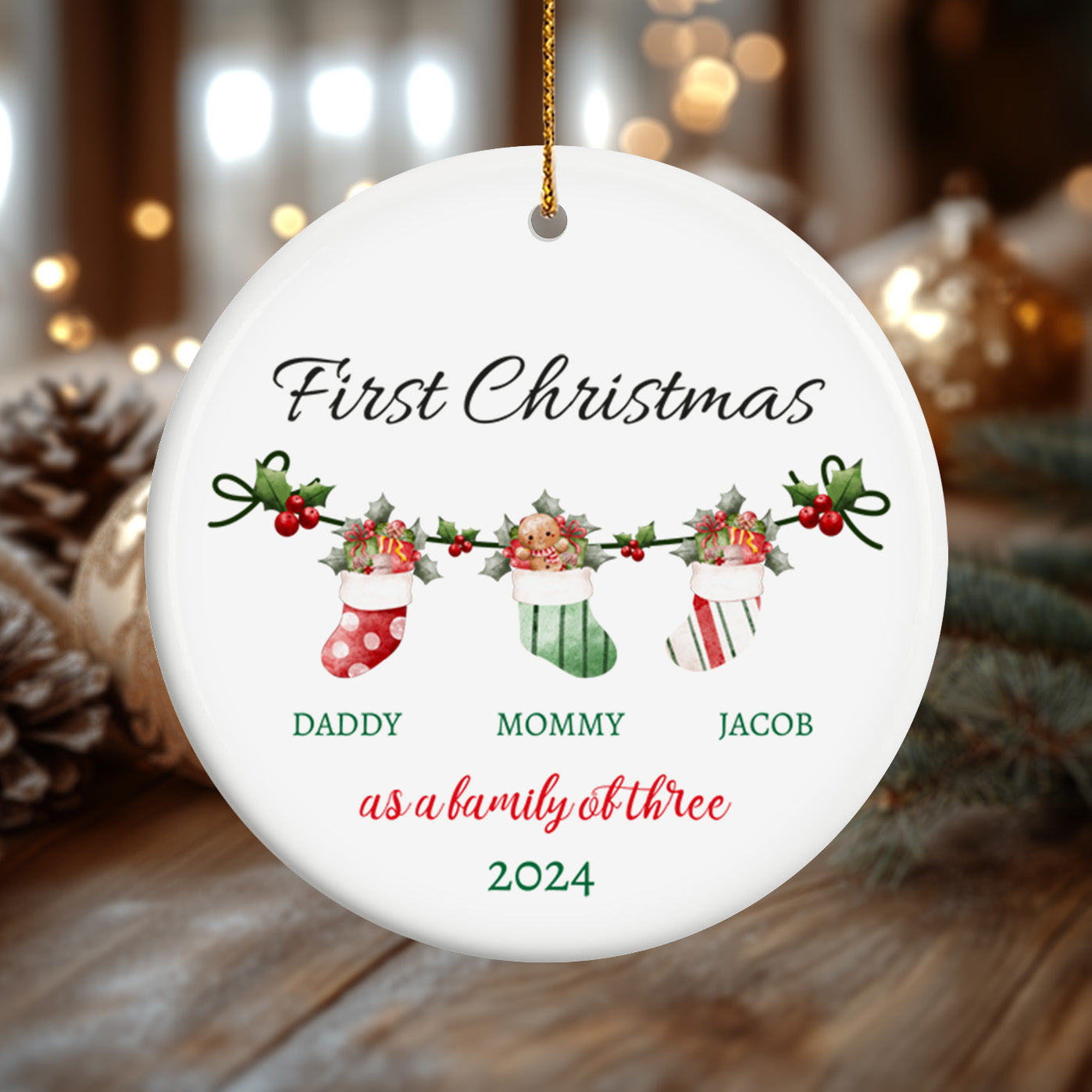 First Christmas as a Family of Three, Christmas Socks 2 - Personalized Ceramic Circle Ornament