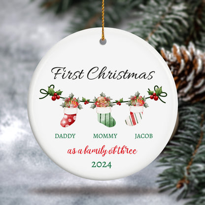 First Christmas as a Family of Three, Christmas Socks 2 - Personalized Ceramic Circle Ornament