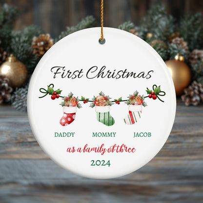 First Christmas as a Family of Three, Christmas Socks 2 - Personalized Ceramic Circle Ornament