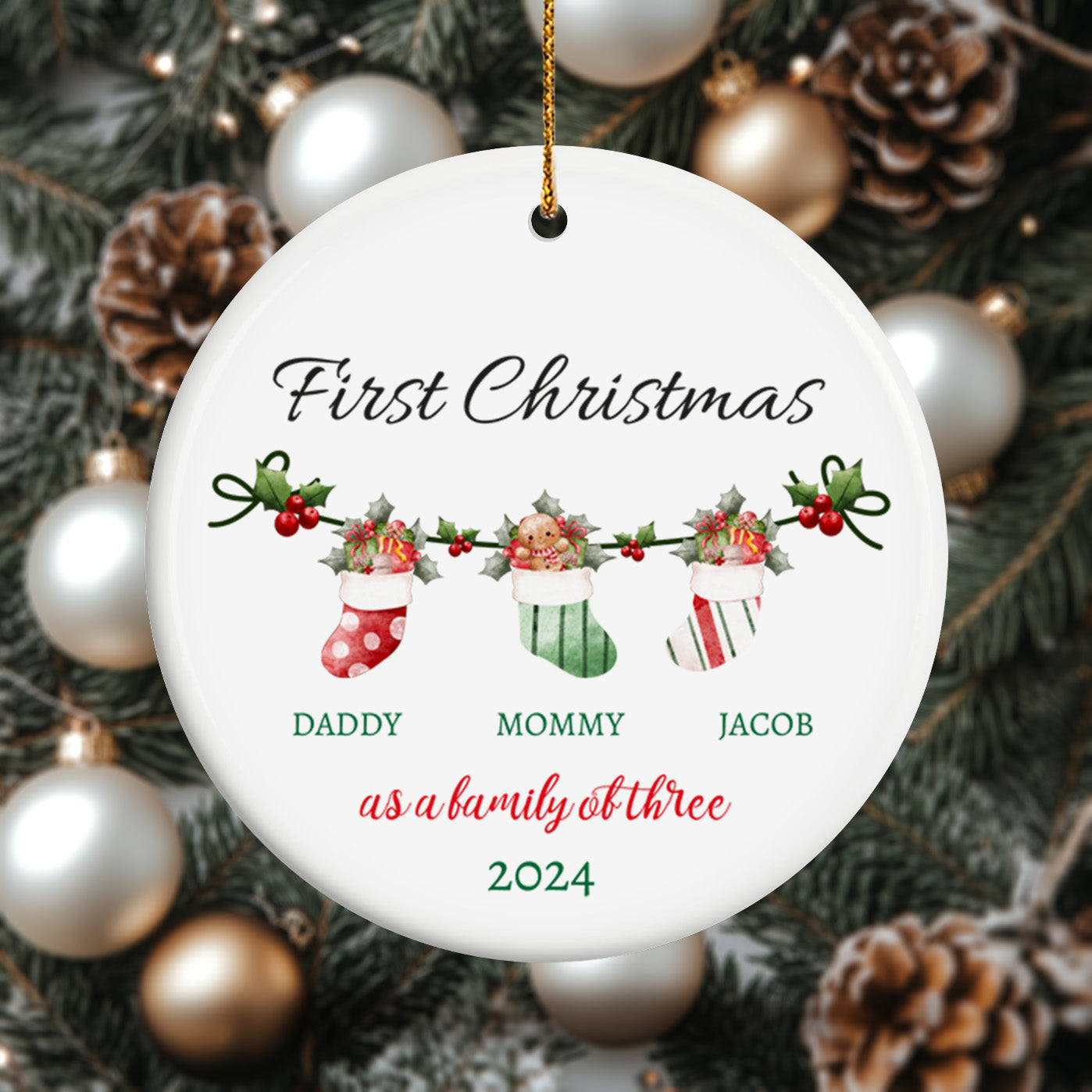 First Christmas as a Family of Three, Christmas Socks 2 - Personalized Ceramic Circle Ornament