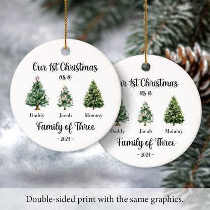 Our First Christmas as a Family of Three 3 - Personalized Ceramic Circle Ornament