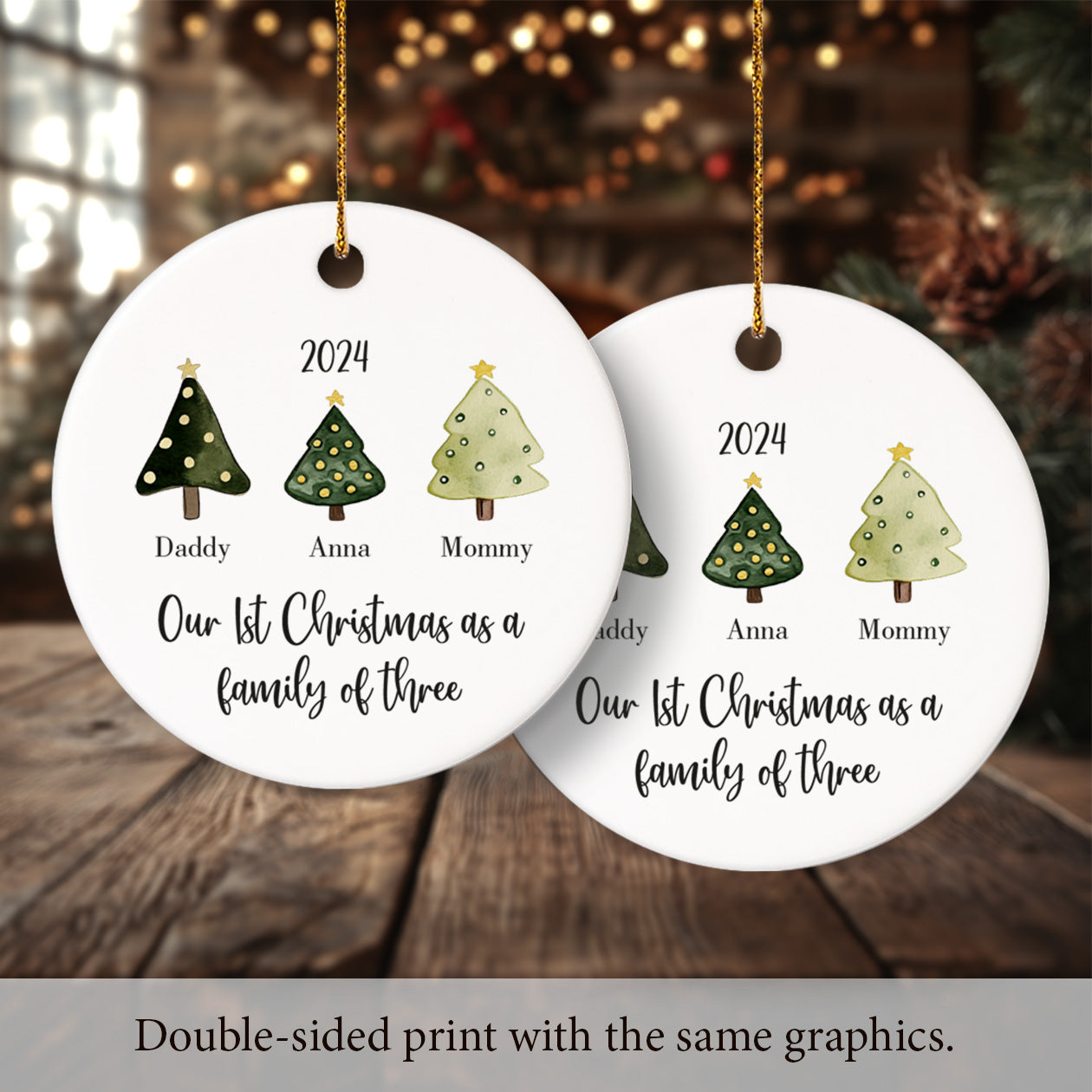 Our First Christmas as a Family of Three 1 - Personalized Ceramic Circle Ornament