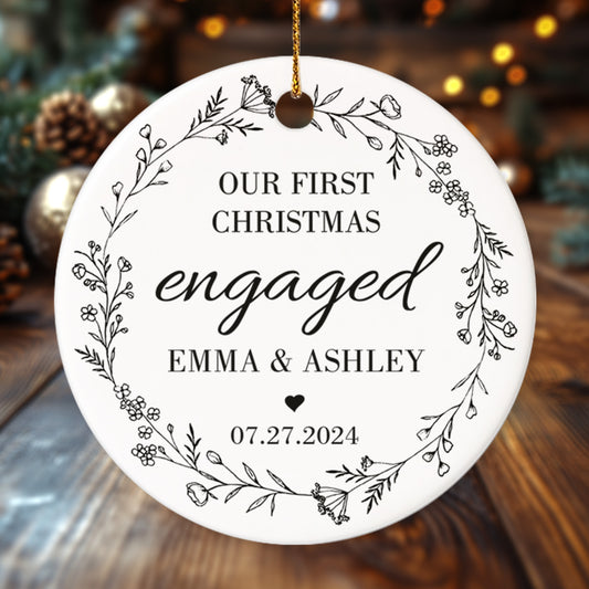 Our First Christmas Engaged 1 - Personalized Ceramic Circle Ornament