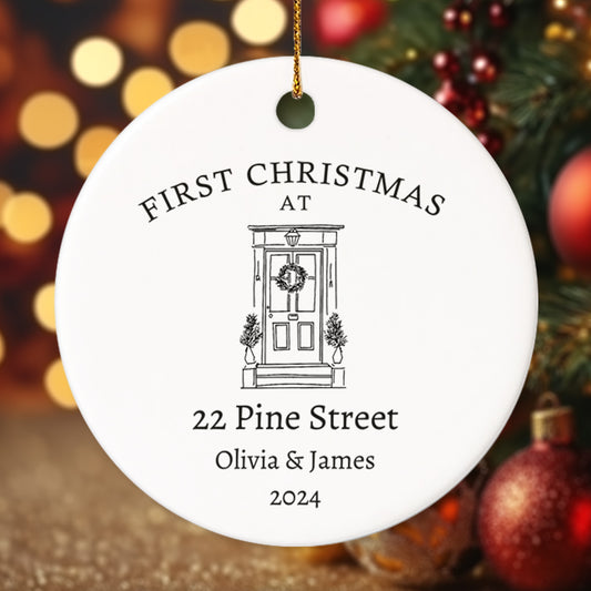 First Christmas at a new address 1 - Personalized Ceramic Circle Ornament