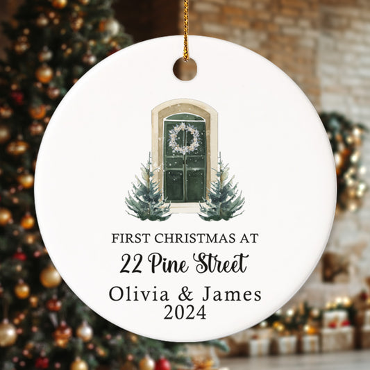 First Christmas at a new address 5 - Personalized Ceramic Circle Ornament