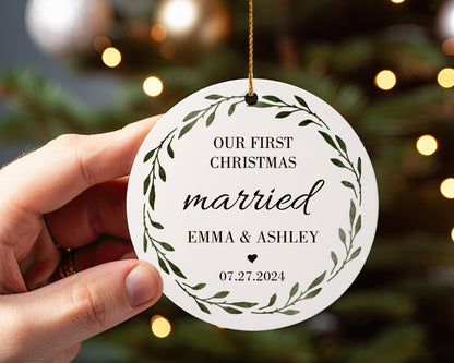 Our First Christmas Married 2 - Personalized Ceramic Circle Ornament