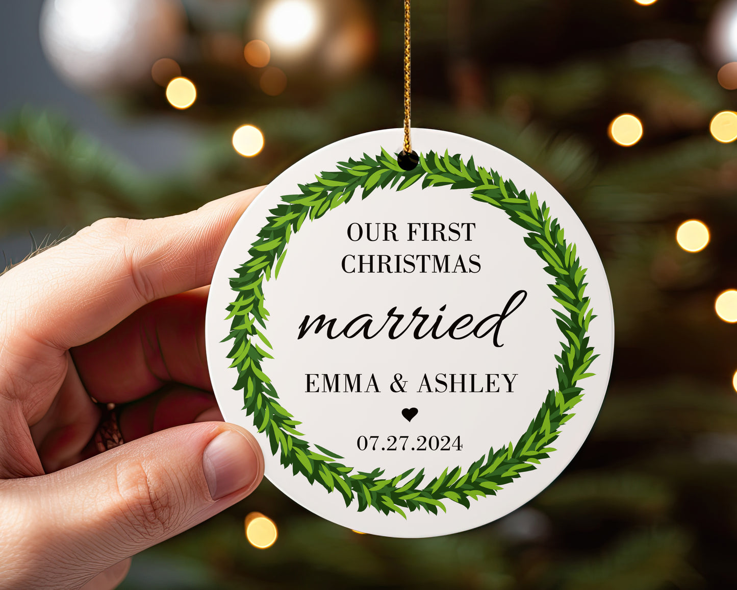 Our First Christmas Married 7 - Personalized Ceramic Circle Ornament