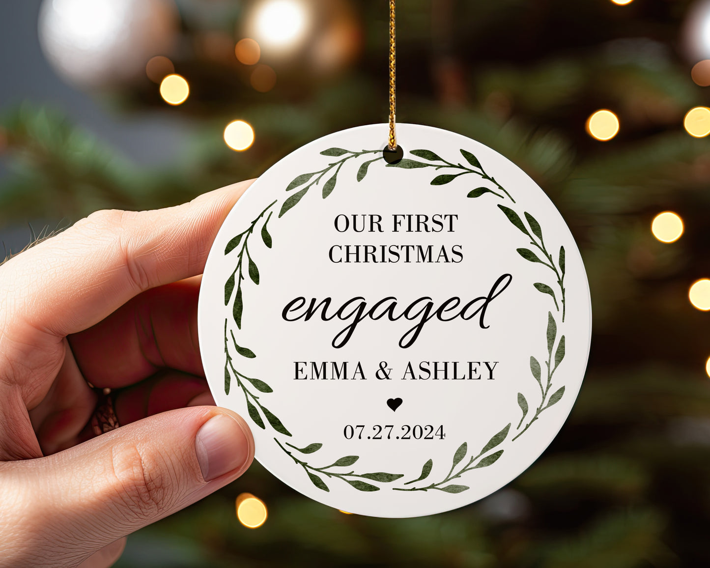 Our First Christmas Engaged 2 - Personalized Ceramic Circle Ornament