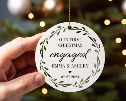 Our First Christmas Engaged 2 - Personalized Ceramic Circle Ornament