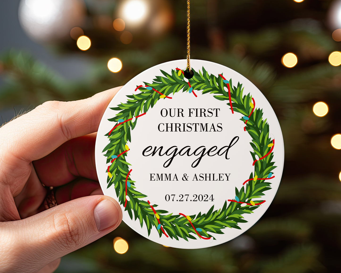 Our First Christmas Engaged 5 - Personalized Ceramic Circle Ornament