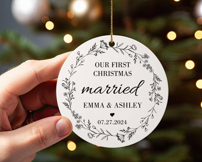 Our First Christmas Married 1 - Personalized Ceramic Circle Ornament