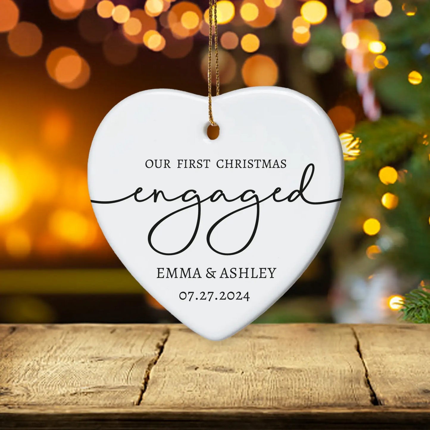 Our First Christmas Engaged 1 - Personalized Ceramic Heart Ornament