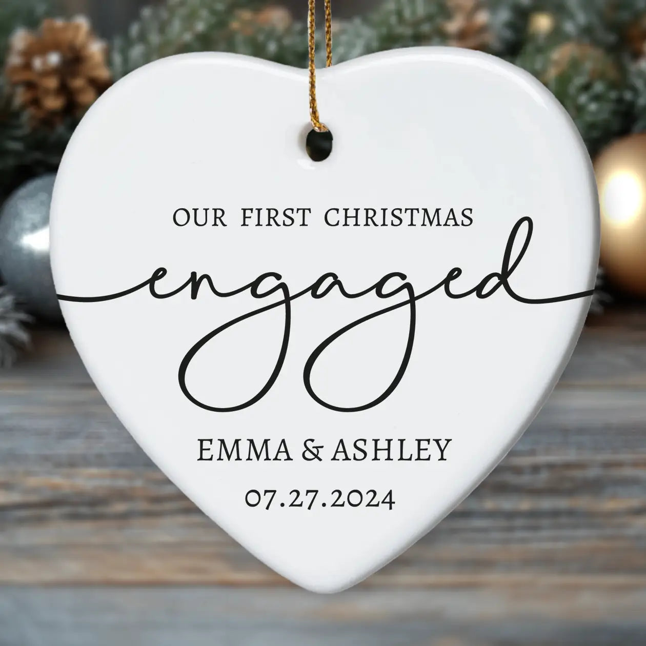 Our First Christmas Engaged 1 - Personalized Ceramic Heart Ornament