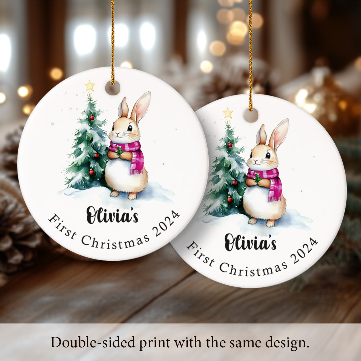 Baby's First Christmas Ornament Bunny 4 - Personalized Ceramic Circle Ornament