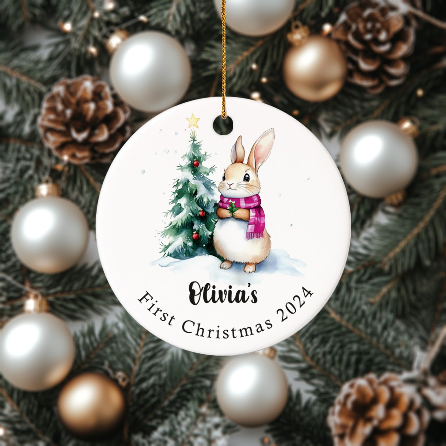 Baby's First Christmas Ornament Bunny 4 - Personalized Ceramic Circle Ornament