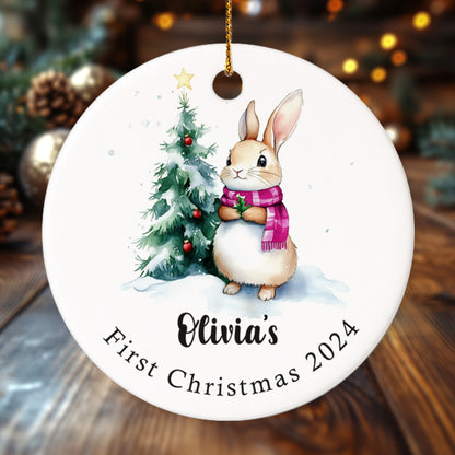 Baby's First Christmas Ornament Bunny 4 - Personalized Ceramic Circle Ornament