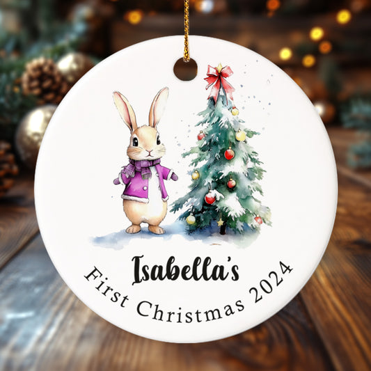 Baby's First Christmas Ornament Bunny 6 - Personalized Ceramic Circle Ornament