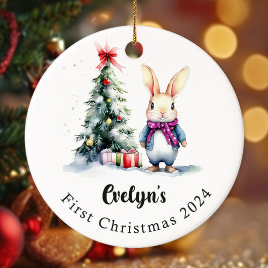 Baby's First Christmas Ornament Bunny 7 - Personalized Ceramic Circle Ornament