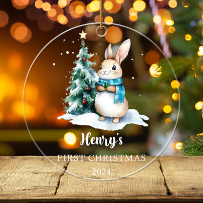 Baby's First Christmas Ornament Bunny 5 - Personalized Circle Acrylic Ornament