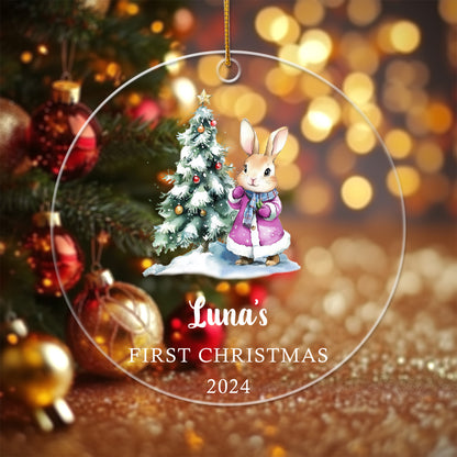 Baby's First Christmas Ornament Bunny 4 - Personalized Circle Acrylic Ornament