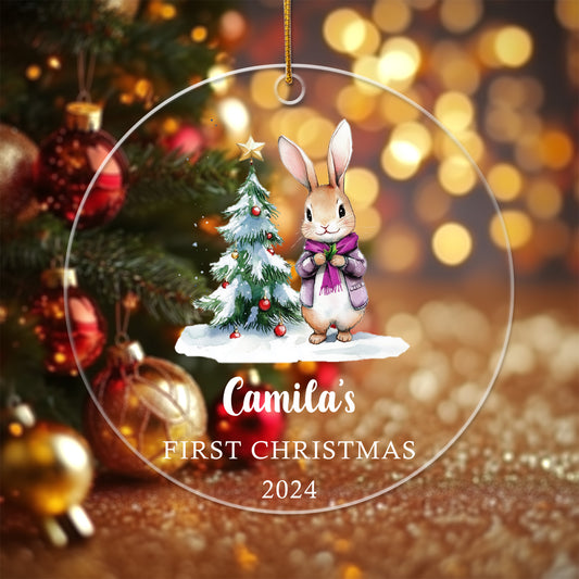 Baby's First Christmas Ornament Bunny 2 - Personalized Circle Acrylic Ornament