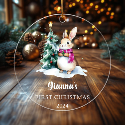 Baby's First Christmas Ornament Bunny 5 - Personalized Circle Acrylic Ornament