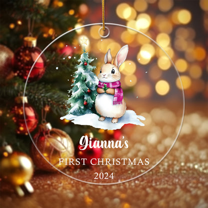 Baby's First Christmas Ornament Bunny 5 - Personalized Circle Acrylic Ornament