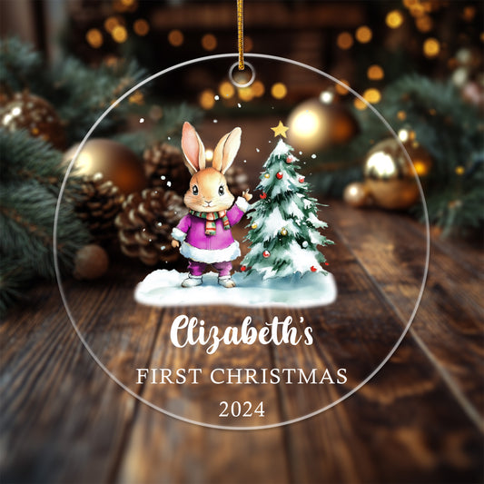 Baby's First Christmas Ornament Bunny 6 - Personalized Circle Acrylic Ornament