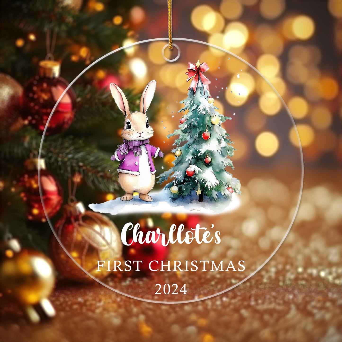 Baby's First Christmas Ornament Bunny 7 - Personalized Acrylic Circle Ornament