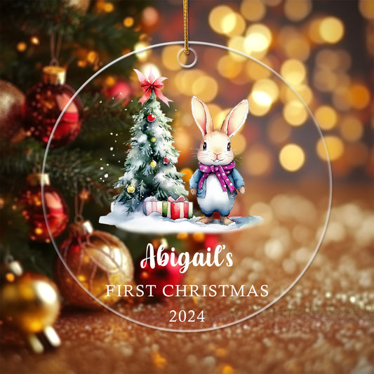 Baby's First Christmas Ornament Bunny 3 - Personalized Circle Acrylic Ornament