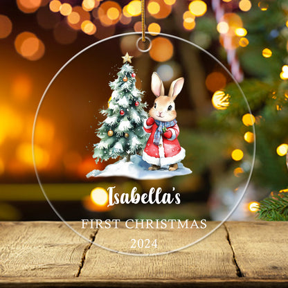 Baby's First Christmas Ornament Bunny 4 - Personalized Circle Acrylic Ornament