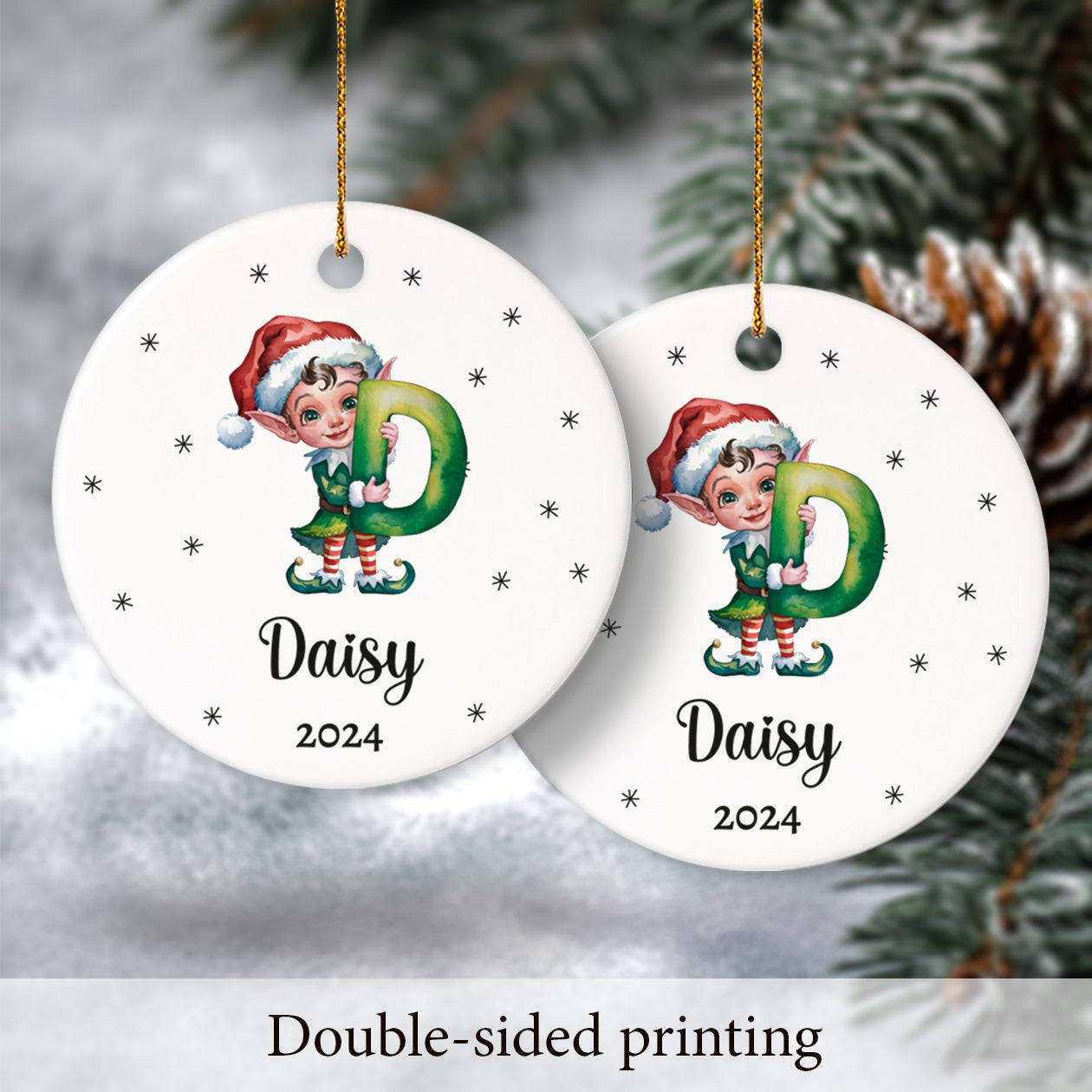 Letter Name Watercolor-Christmas Alphabet - Personalized Ceramic Circle Ornament