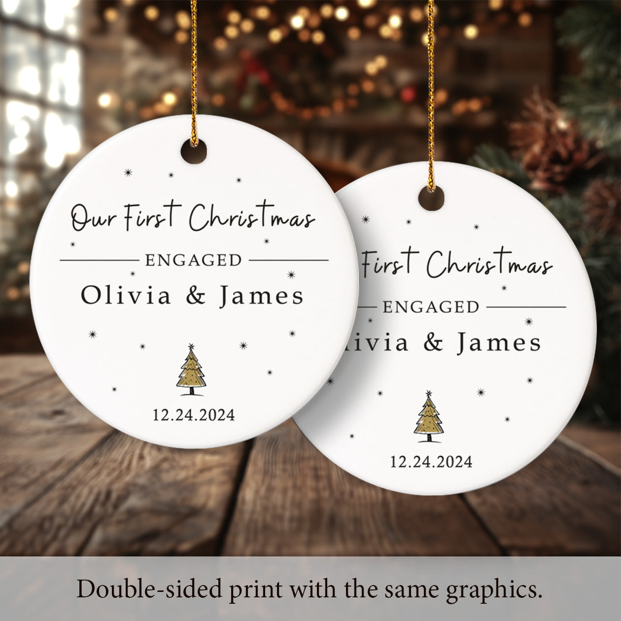 Our First Christmas Engaged 2 - Personalized Ceramic Circle Ornament