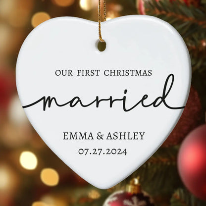 Our First Christmas Married  1 - Personalized Ceramic Heart Ornament