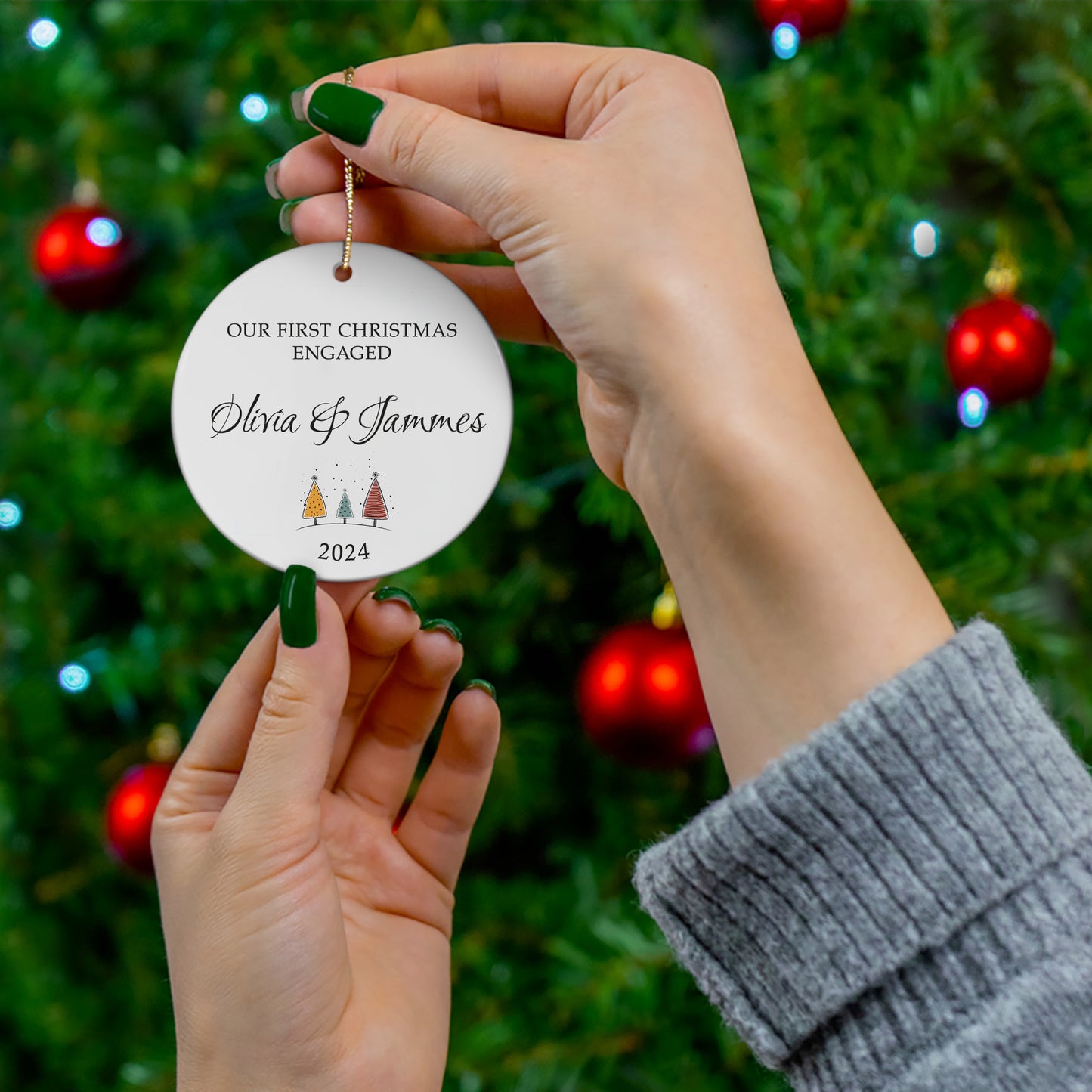 Our First Christmas Engaged 6 - Personalized Ceramic Circle Ornament