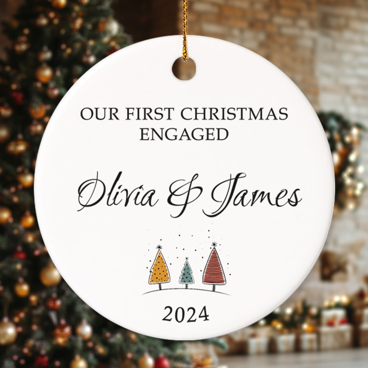 Our First Christmas Engaged 5 - Personalized Ceramic Circle Ornament