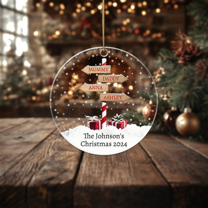 1 Stripy North Pole Family Glass Bauble Christmas Tree, 4 person family - Personalized Circle Acrylic Ornament