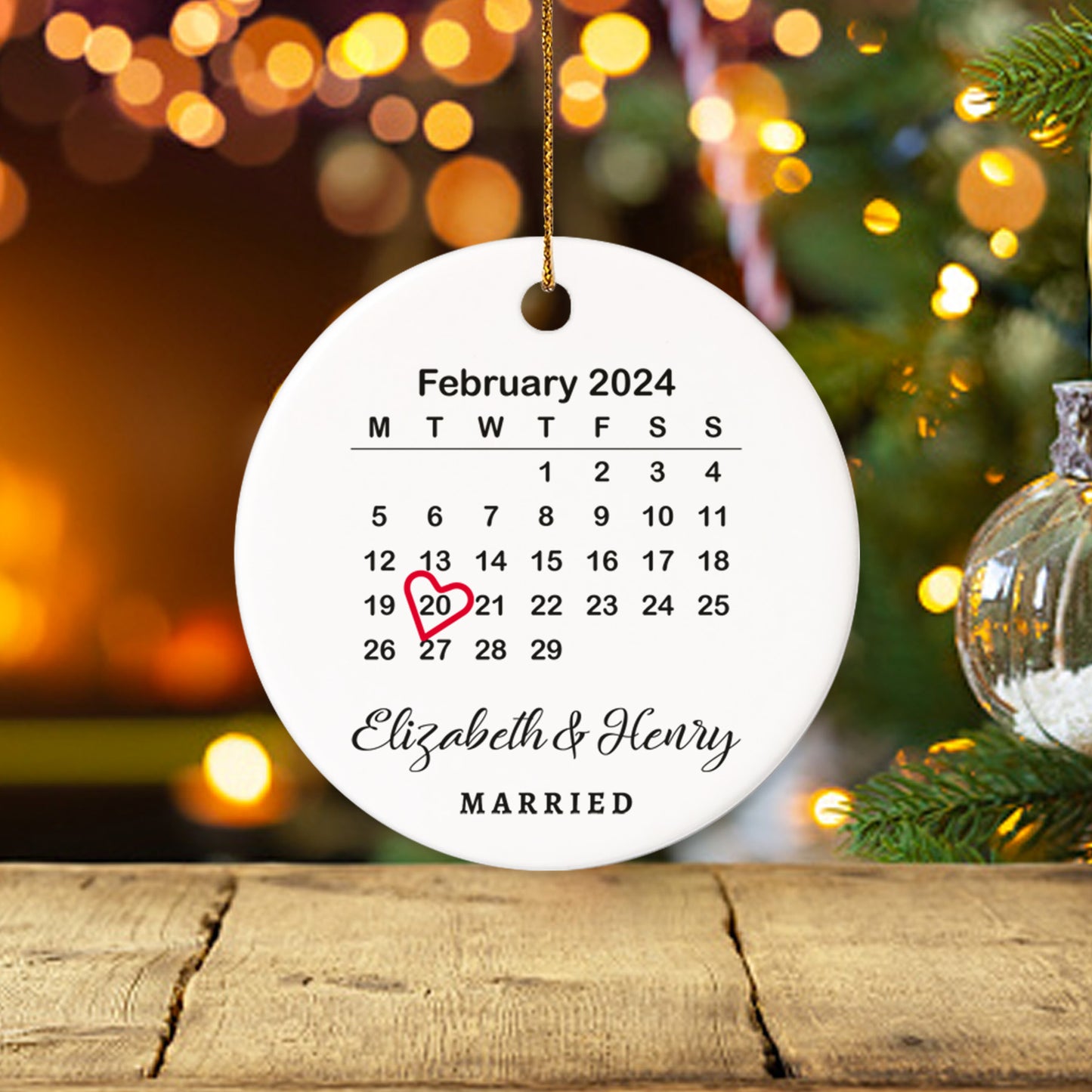 Married Announcement Personalized Calendar with Names 1 - Personalized Ceramic Circle Ornament