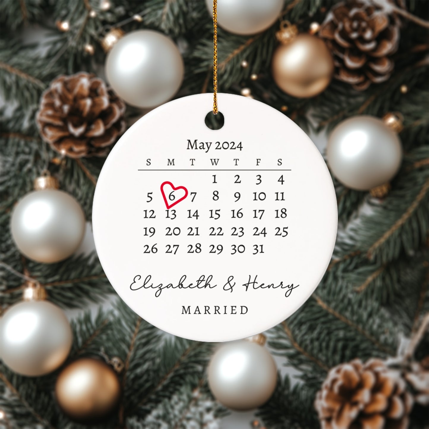 Married Announcement Personalized Calendar with Names 2 - Personalized Ceramic Circle Ornament