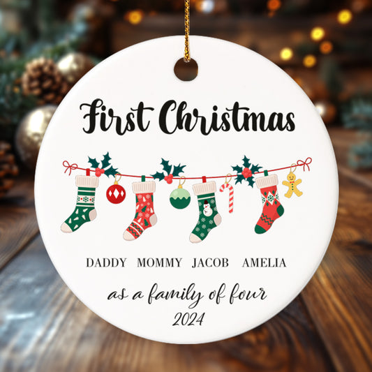 First Christmas as a Family of Four, Christmas Socks - Personalized Ceramic Circle Ornament