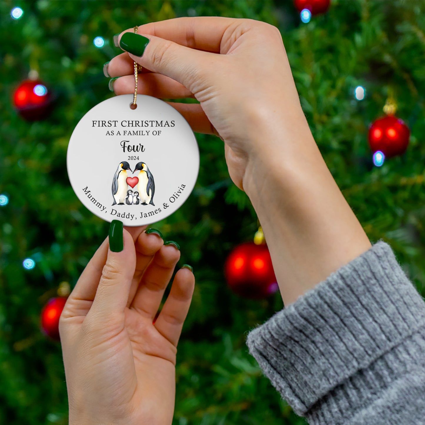 First Christmas as a family of Four Penguins 1 - Personalized Ceramic Circle Ornament