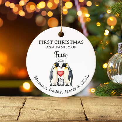 First Christmas as a family of Four Penguins 1 - Personalized Ceramic Circle Ornament