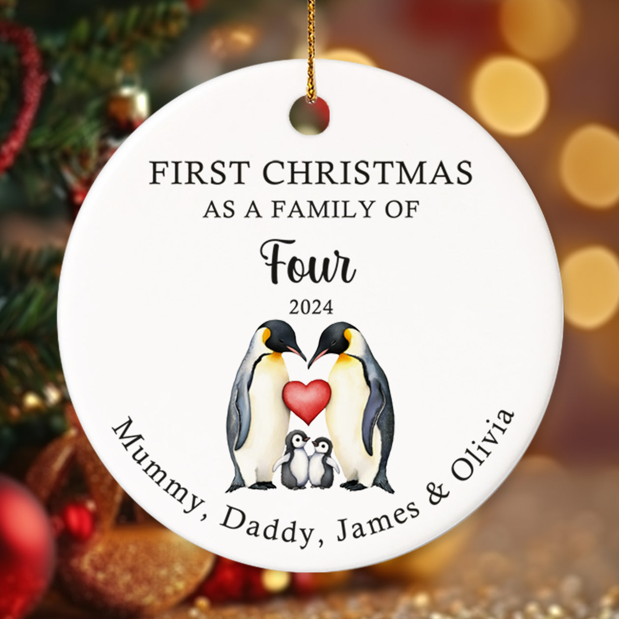 First Christmas as a family of Four Penguins 1 - Personalized Ceramic Circle Ornament